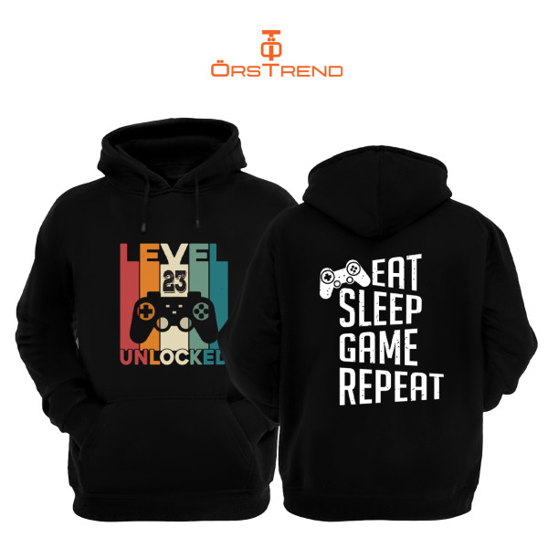 Gamer Baskılı 3 İplik Unisex Siyah Kapişonlu Sweatshirt