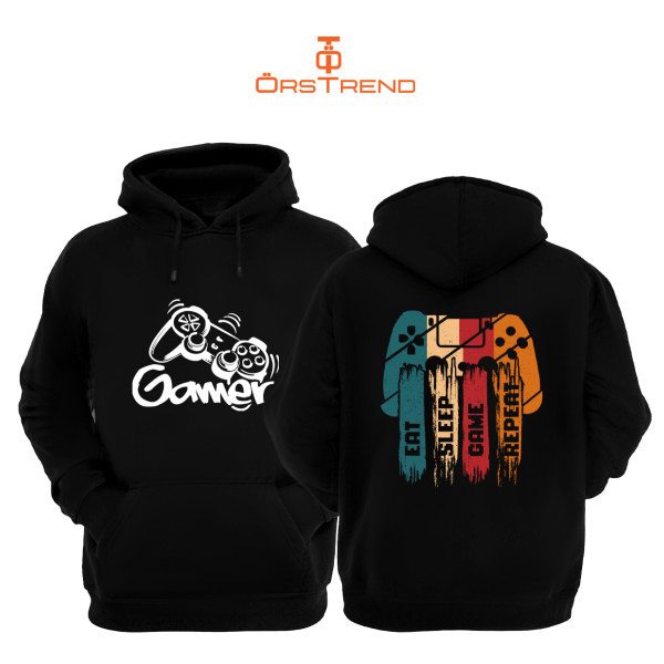 Gamer Baskılı 3 İplik Unisex Siyah Kapişonlu Sweatshirt